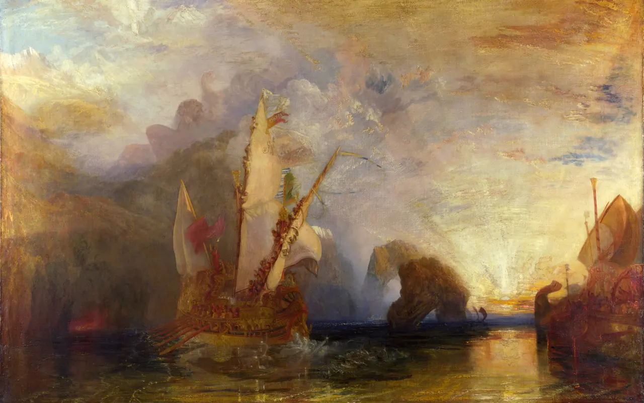 Pintura de J. M. W. Turner que representa Ulisses no mar diante de Polifemo
