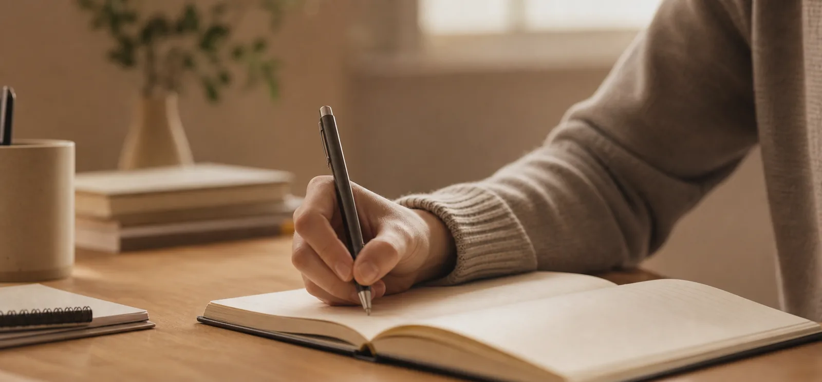 Pessoa a escrever num caderno, num ambiente calmo e reflexivo
